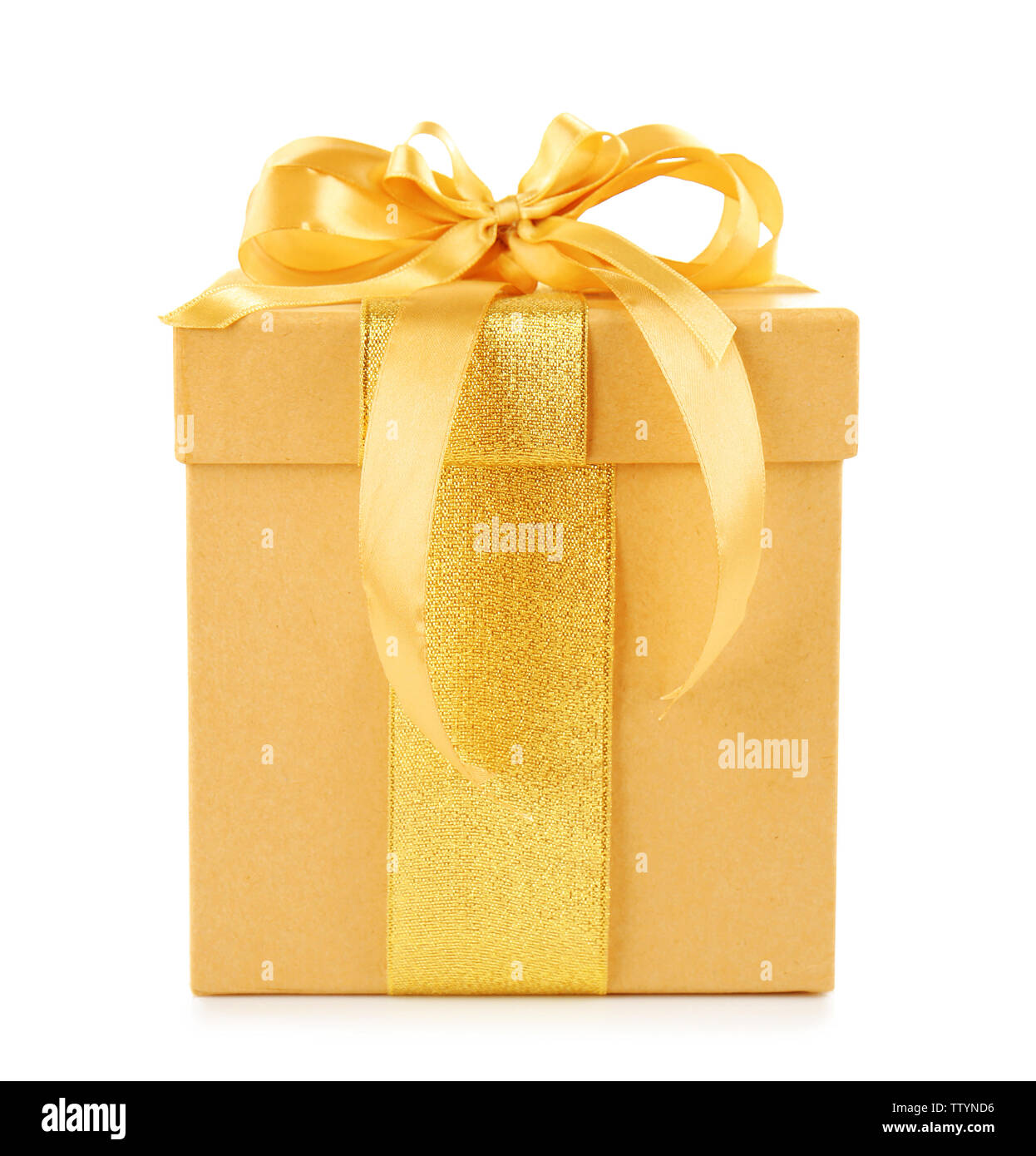 Gift box with golden ribbon bow isolated on white background Stock ...