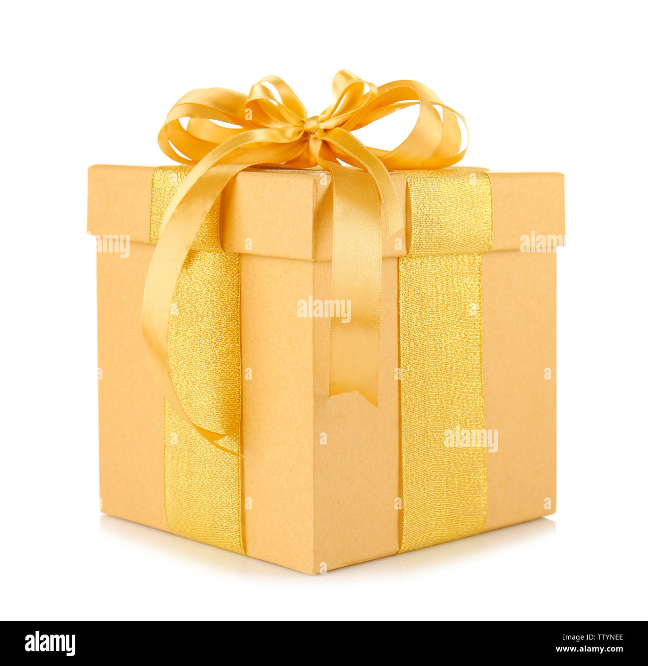 Gift box with golden ribbon bow isolated on white background Stock ...