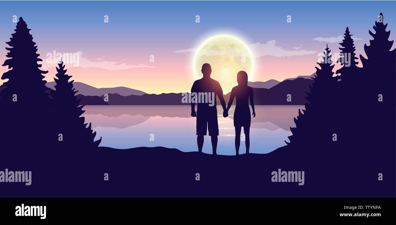 young couple looks to the full moon at beautiful lake vector illustration EPS10 Stock Vector