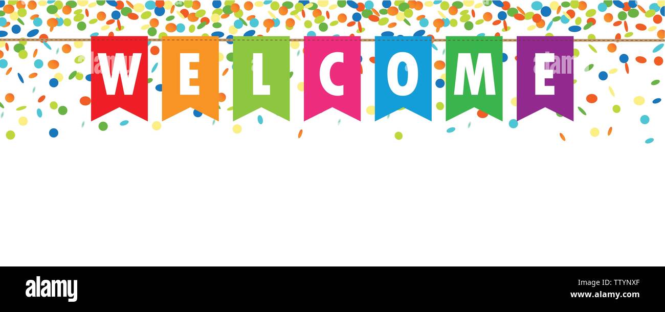  welcome  party flags banner  with confetti rain on white 
