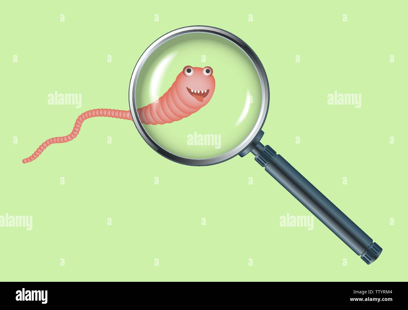 Realistic illustration magnifying glass and red worm. Stock Vector