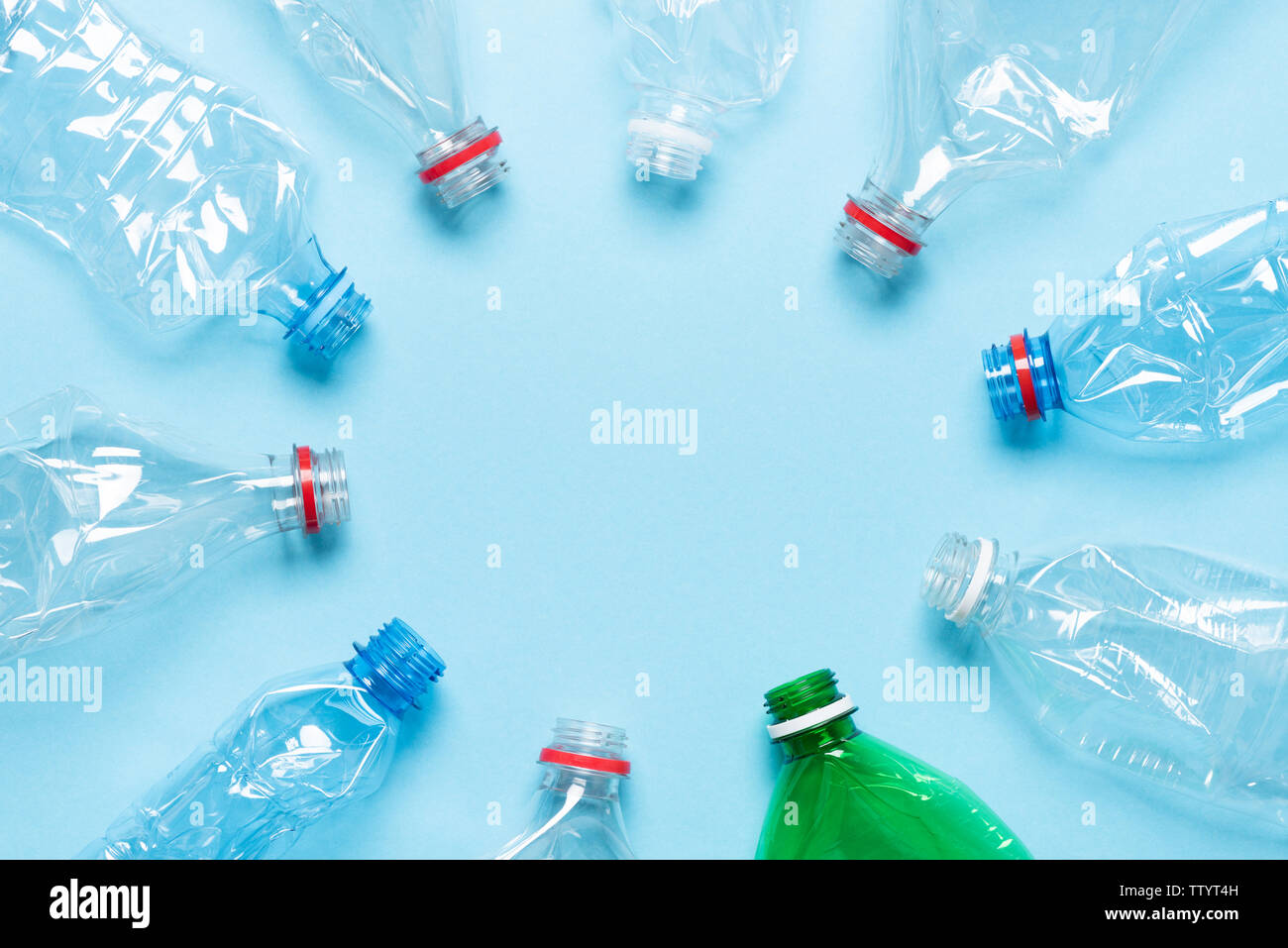 Plastic Bottles On Blue Background Top View Recycle Plastic Waste