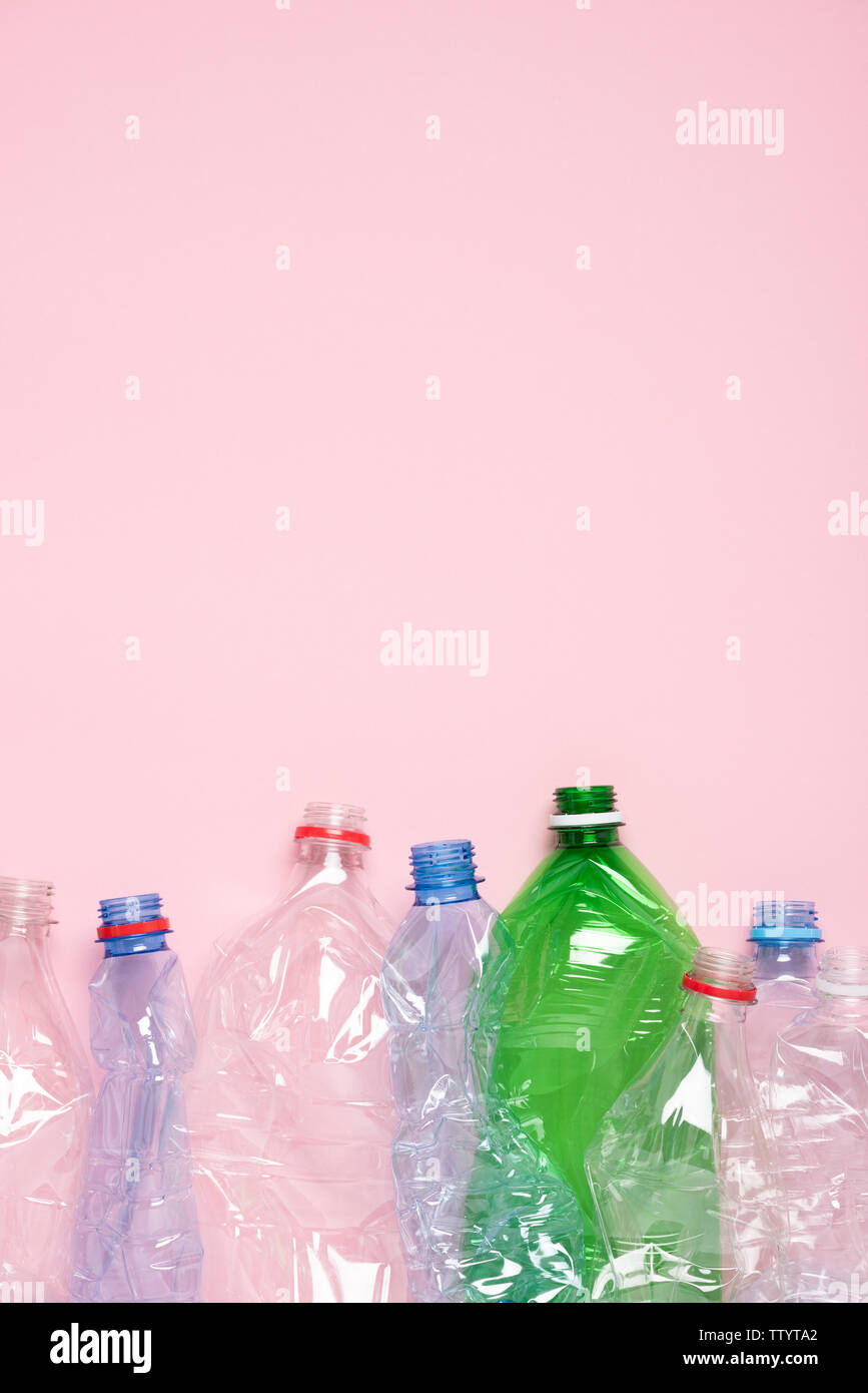 Plastic bottles for recycle top view vertical template with copy space ...