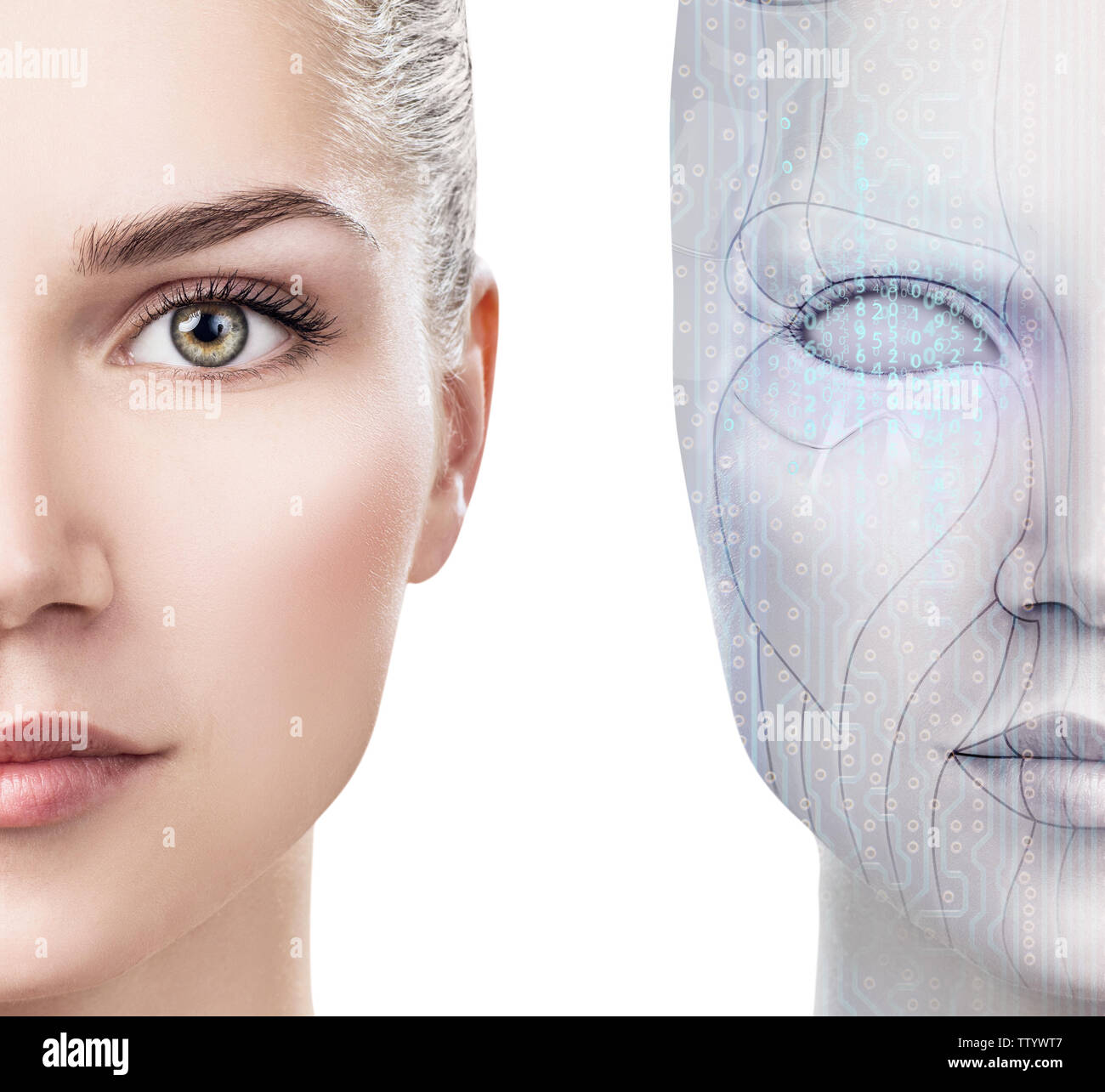 Cyborg woman with machine part of her face. Stock Photo
