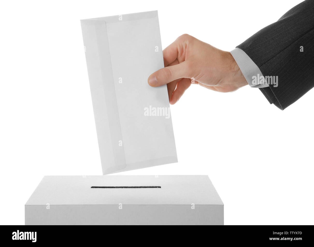 Male hand putting voting ballot into the box on white background Stock ...