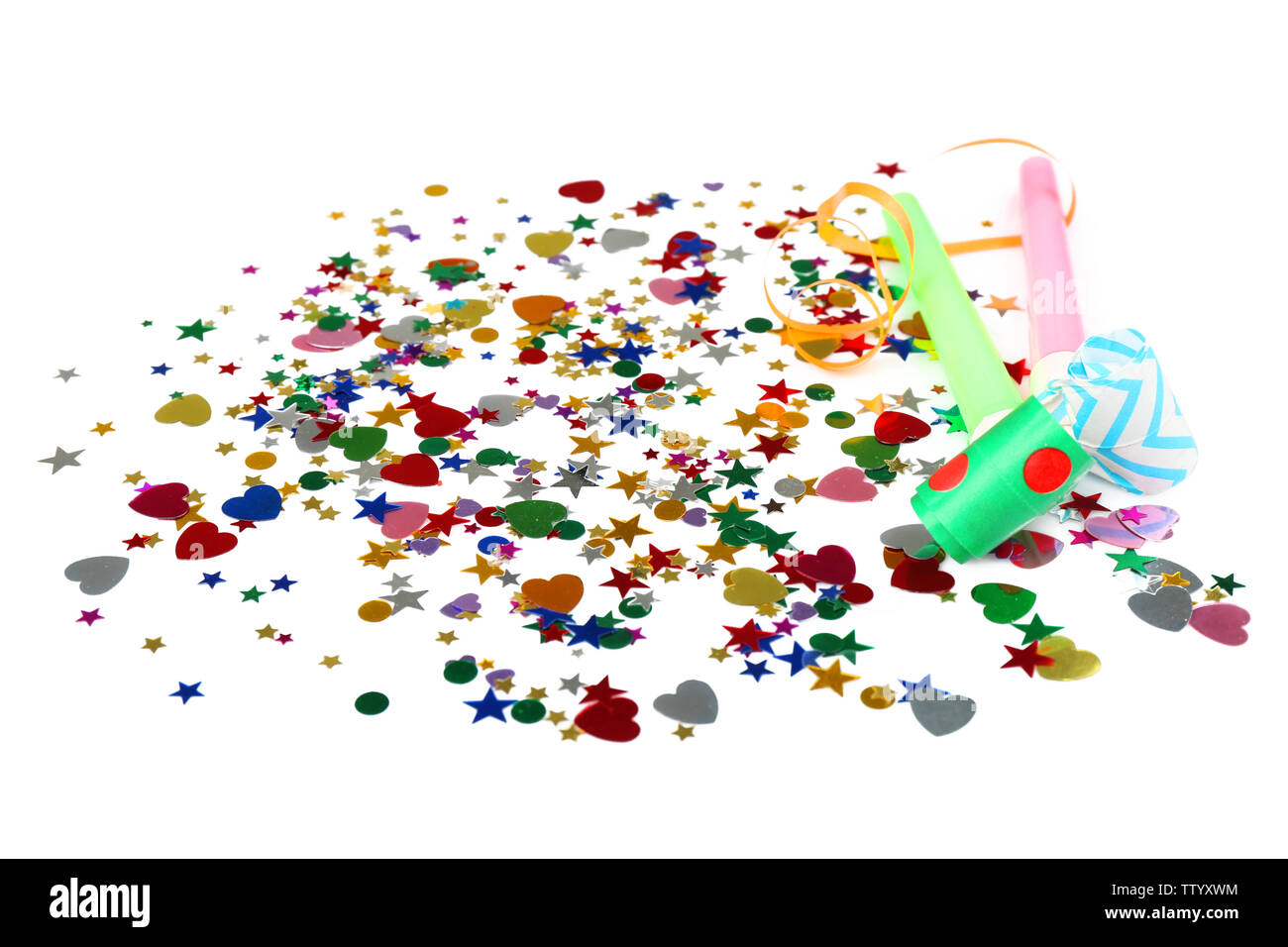 Colorful confetti and blowers on white background Stock Photo - Alamy