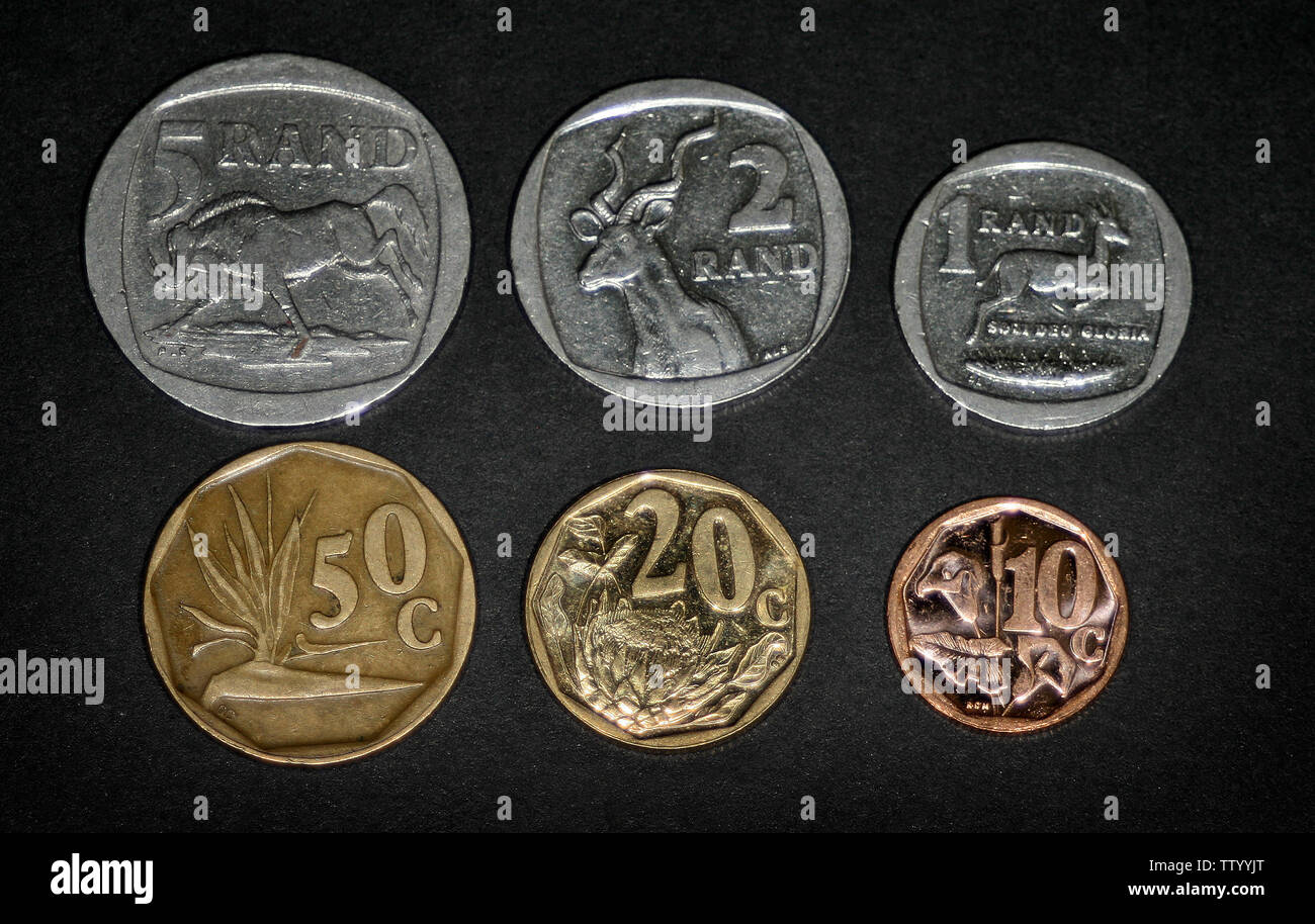 South Africa 5 Rand, 2 rand, 1 rand, 50 cent, 20 cent, 10 cent, Stock Photo