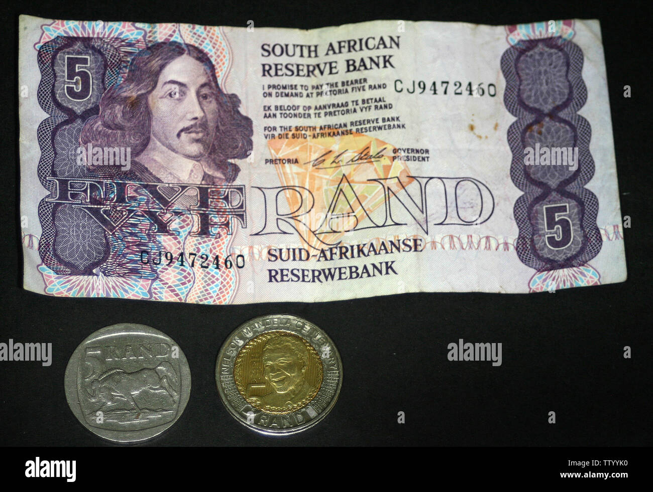South Africa - 5 rand note. 5 rand (2018) 100th Anniversary - Birth of Nelson Mandela. 5 rand (1994-1995) Stock Photo