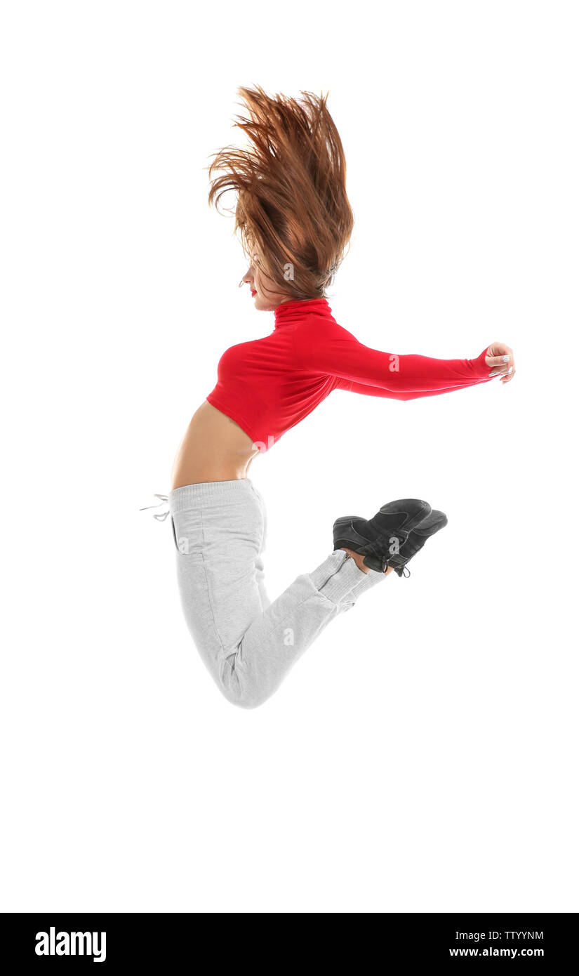 Hip hop dancer dancing on white background Stock Photo - Alamy