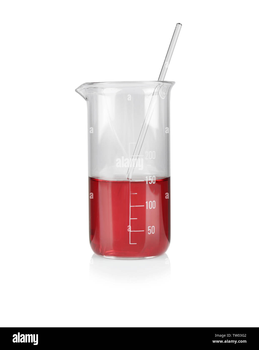 Beaker with color water and glass pipette on white background Stock