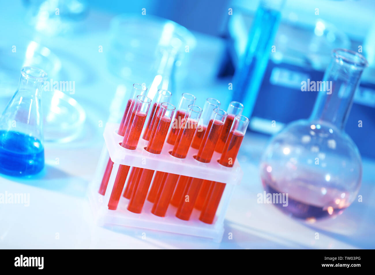 Test tubes with blood in laboratory on table Stock Photo Alamy