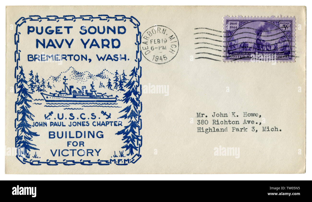 Dearborn, Michigan, The USA - 19 February 1945: US historical envelope: cover with a cachet Puget Sound navy yard, Bremerton, Washington, naval ship Stock Photo