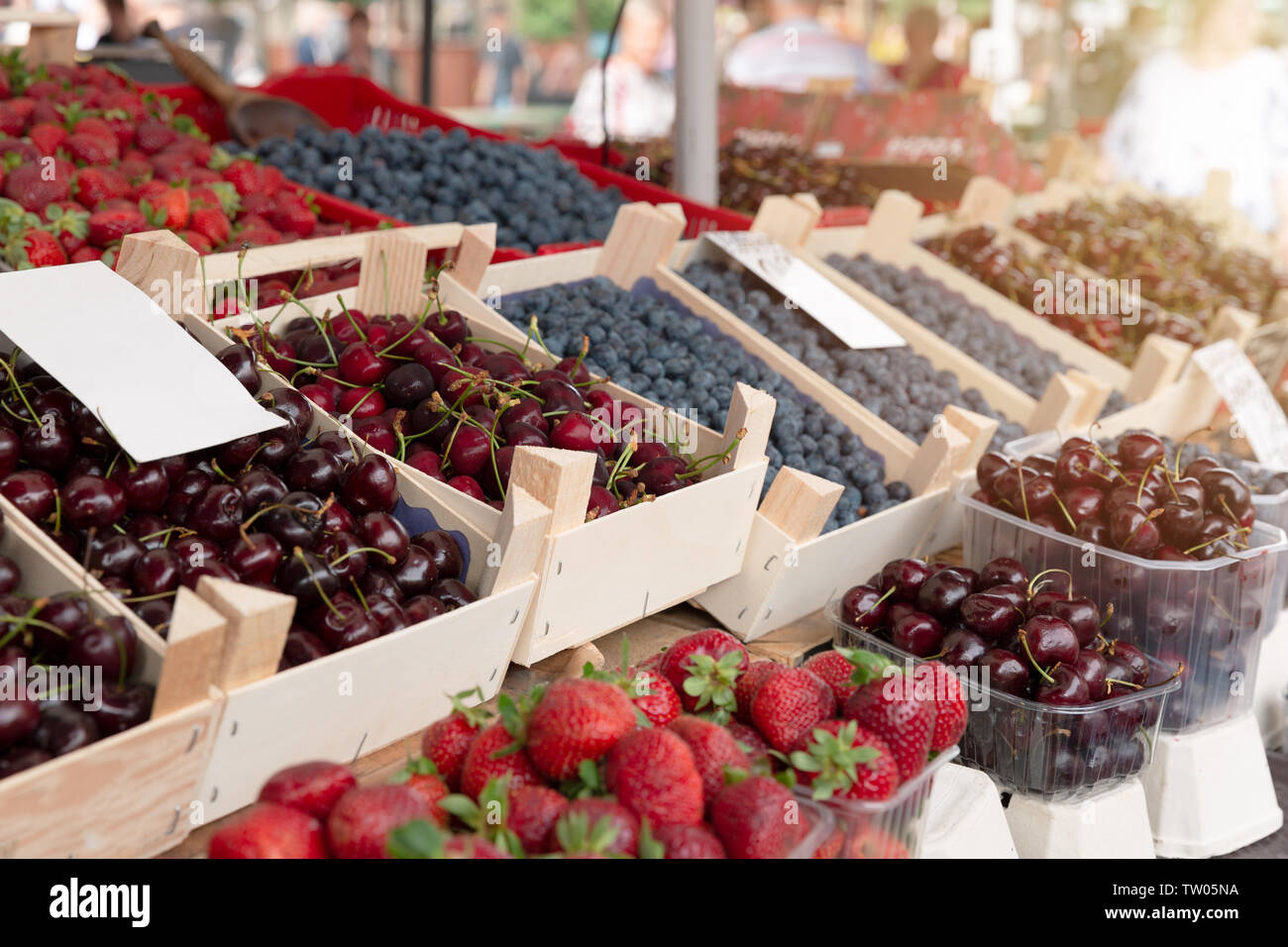 Fresh organic fruits at farmers market in city Stock Photo - Alamy