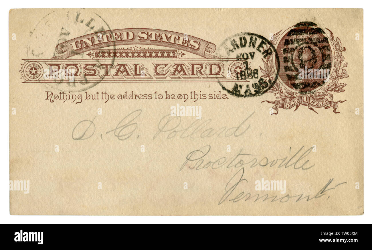 Gardner, Massachusetts, The USA - 2 November 1886: US historical Post Card with brown text in vignette, Imprinted One Cent Thomas Jefferson stamp Stock Photo