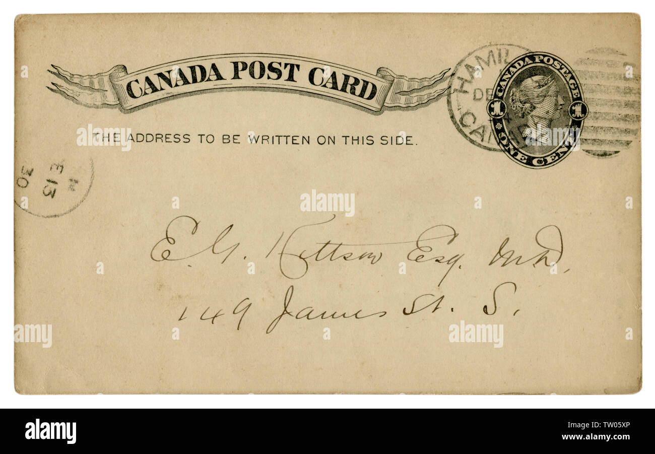 Hamilton, Canada - 1 December 1894: Canadian historical Post Card with black text in vignette, Imprinted One Cent Queen Victoria Stamp, Fancy cancel Stock Photo