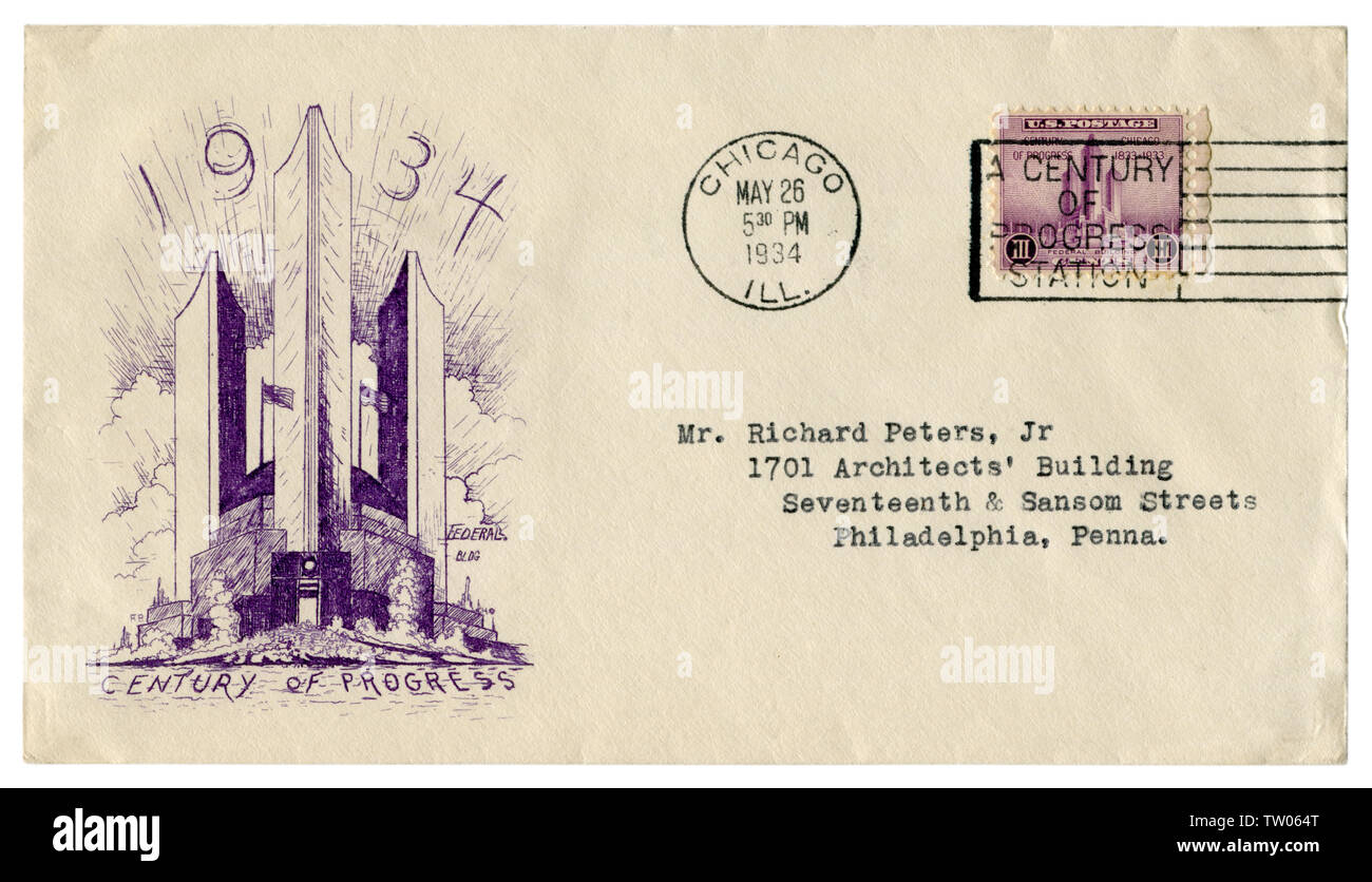 Chicago, Illinois, The USA  - 26 MAY 1934: US historical envelope: cover with art cachet Century of Progress,  purple postage stamp federal building Stock Photo