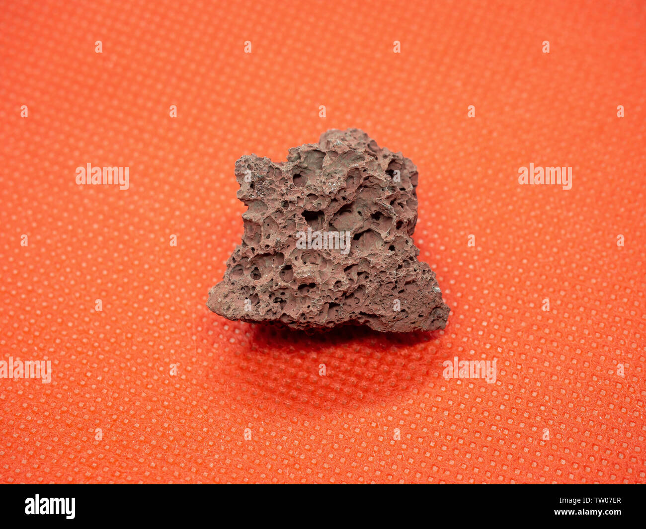 Geological specimen of natural red Pumice (pumicite, volcanic rock) on red background Stock Photo