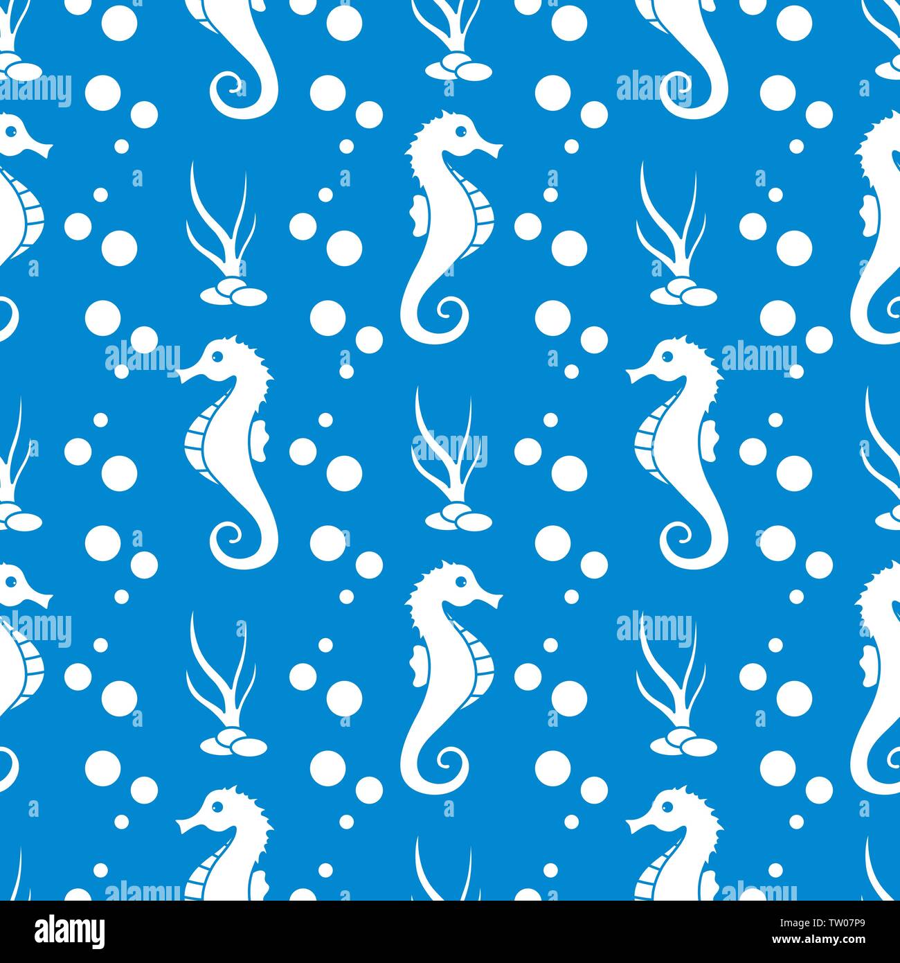 Vector seamless pattern with sea horses, underwater plants and bubbles ...
