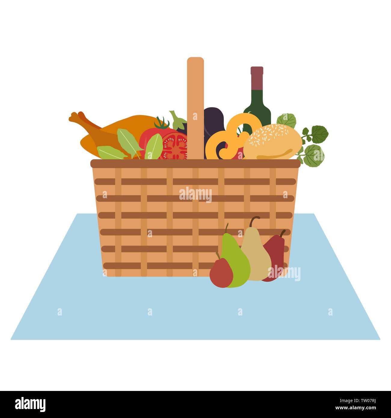 Vector illustration with wicker picnic basket with food and drink ...