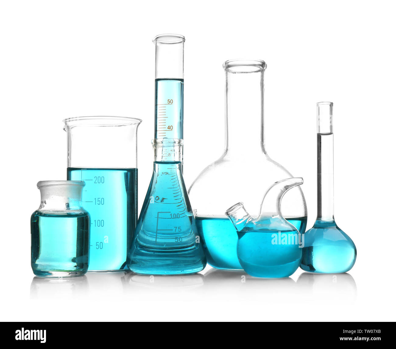 Laboratory glassware with blue samples on white background Stock Photo ...