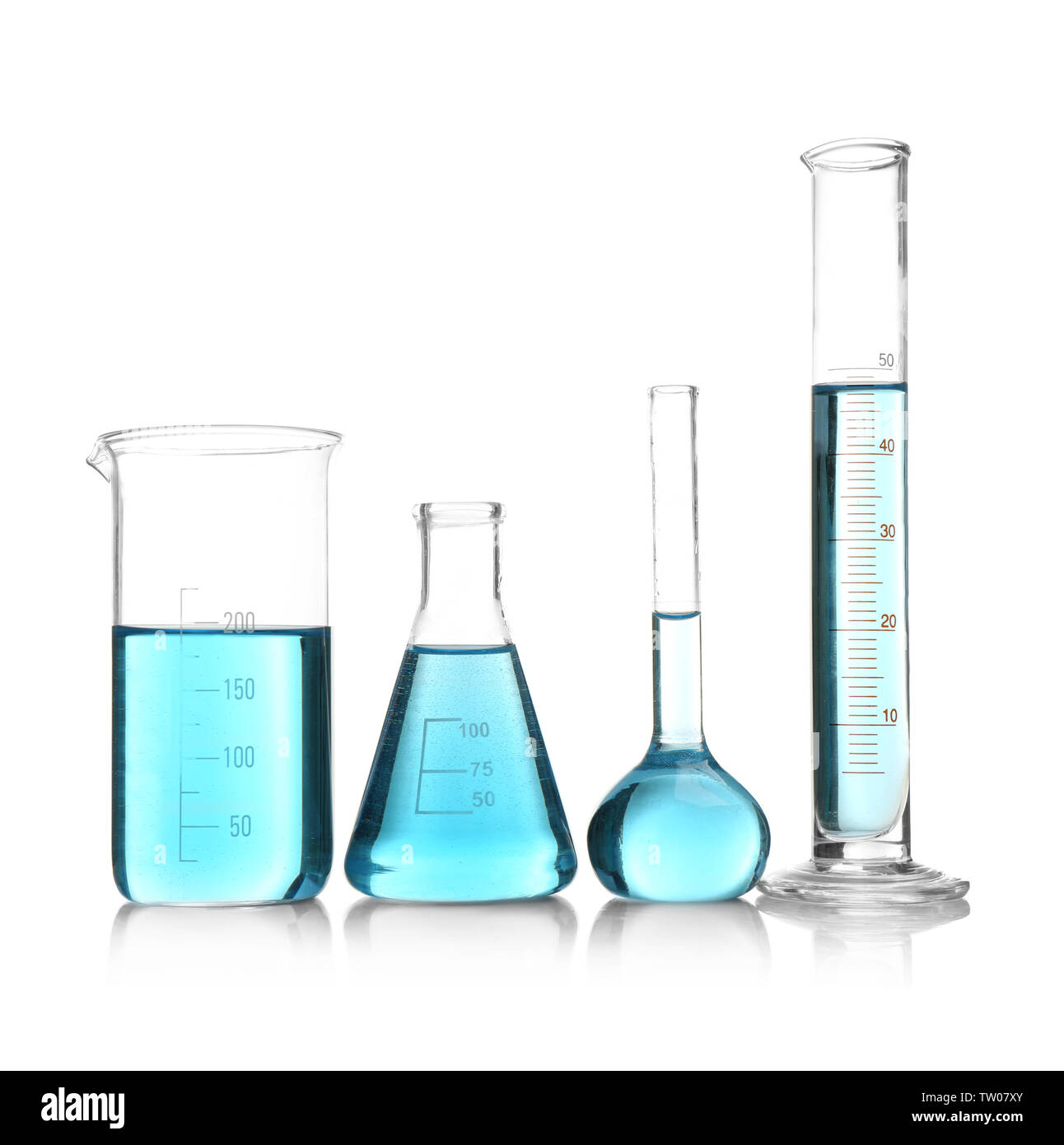 Labware Blue Laboratory glassware with blue samples on white background Stock Photo ...