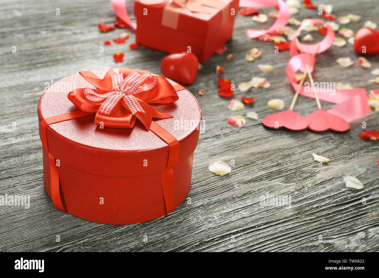St Valentines Day Concept Gift Boxes And Decorations On Wooden