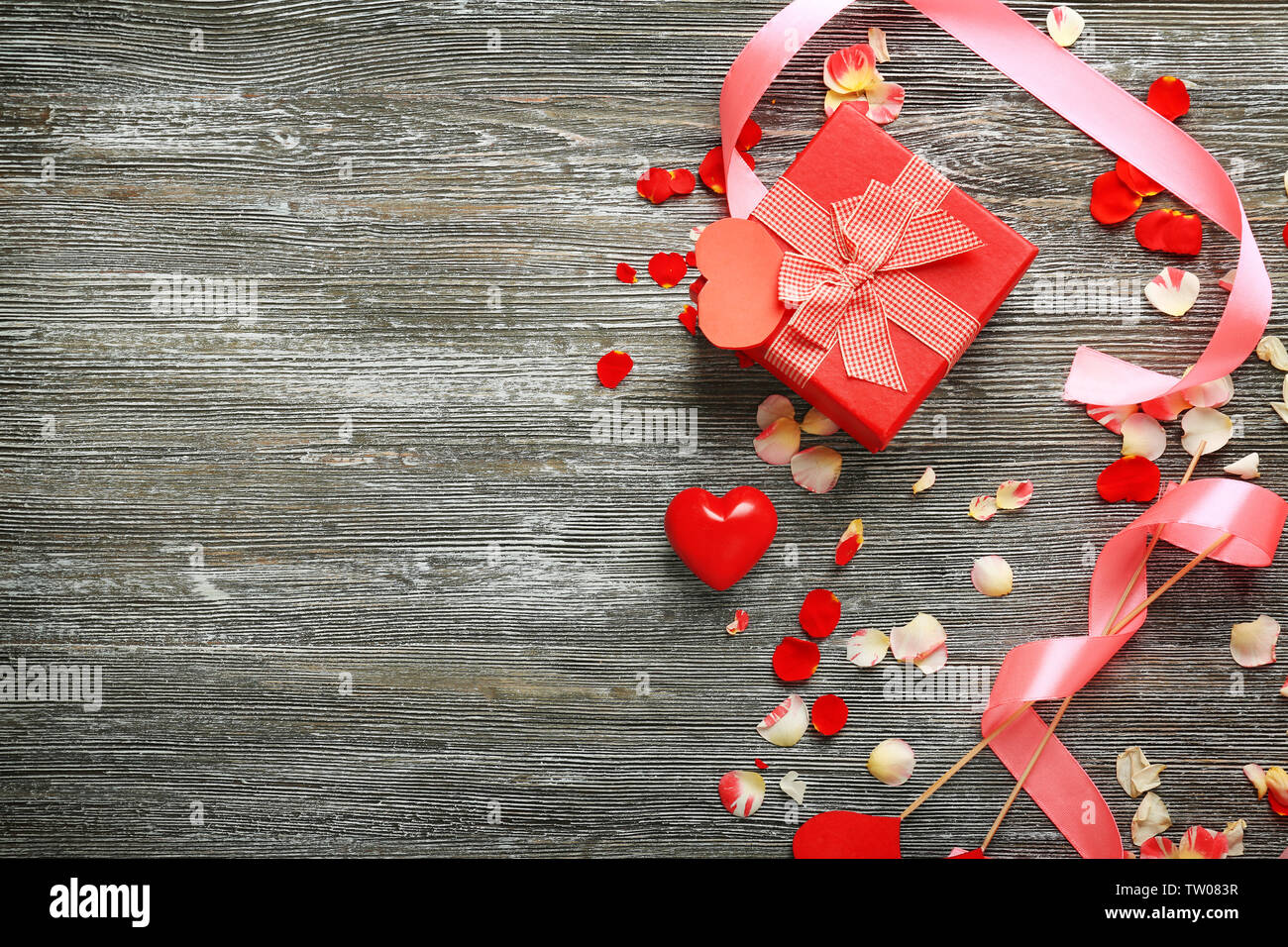 St Valentines Day Concept Gift Box And Decorations On Wooden