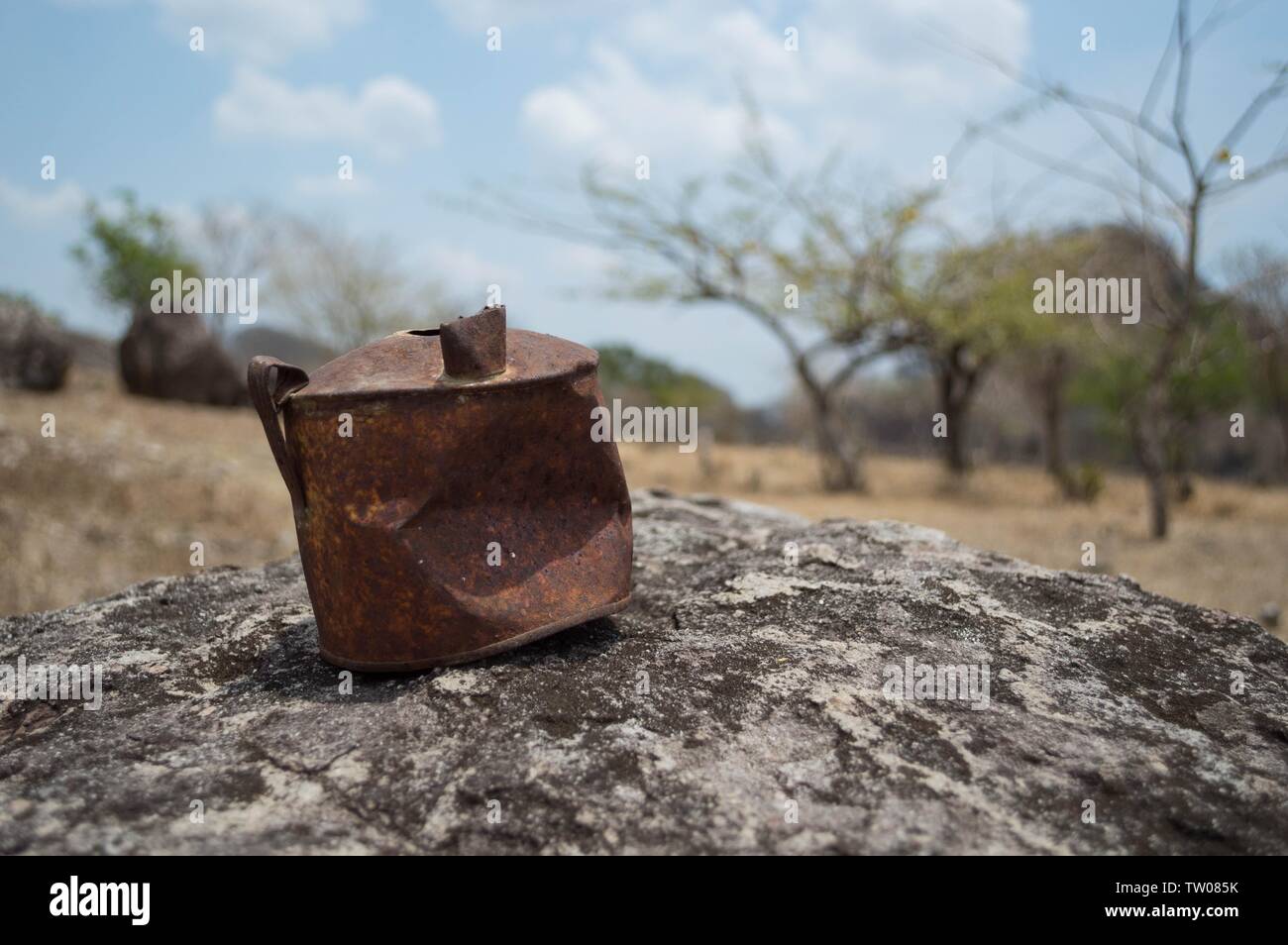 Rusty old can on a rock in a desert Stock Photo Alamy
