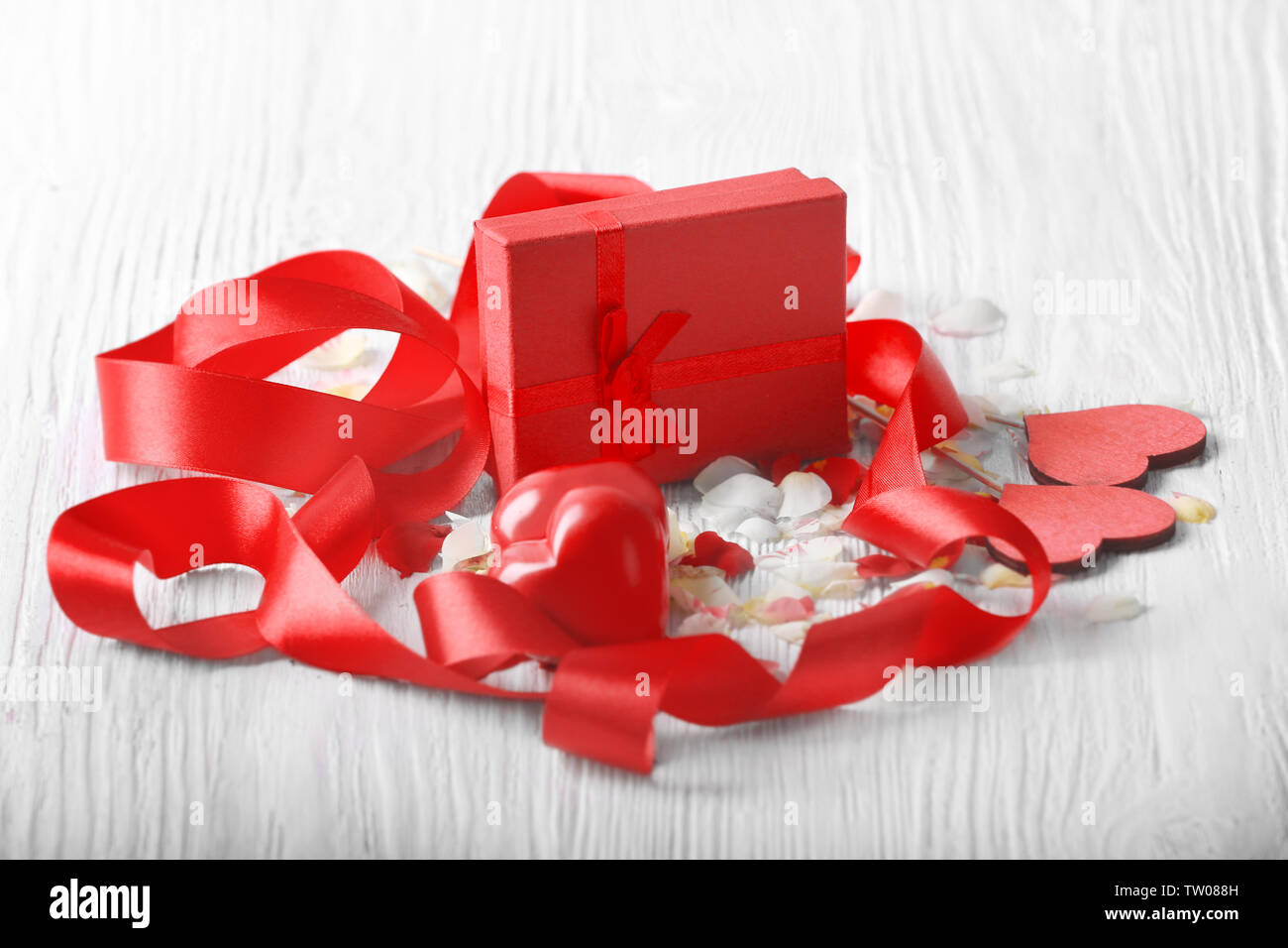 St Valentines Day Concept Gift Box And Decorations On White