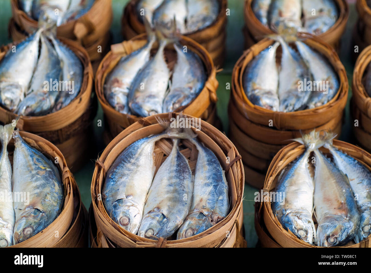 Fresh fish at a wet market in Luang Prabang, Lao PDR. Stock Photo