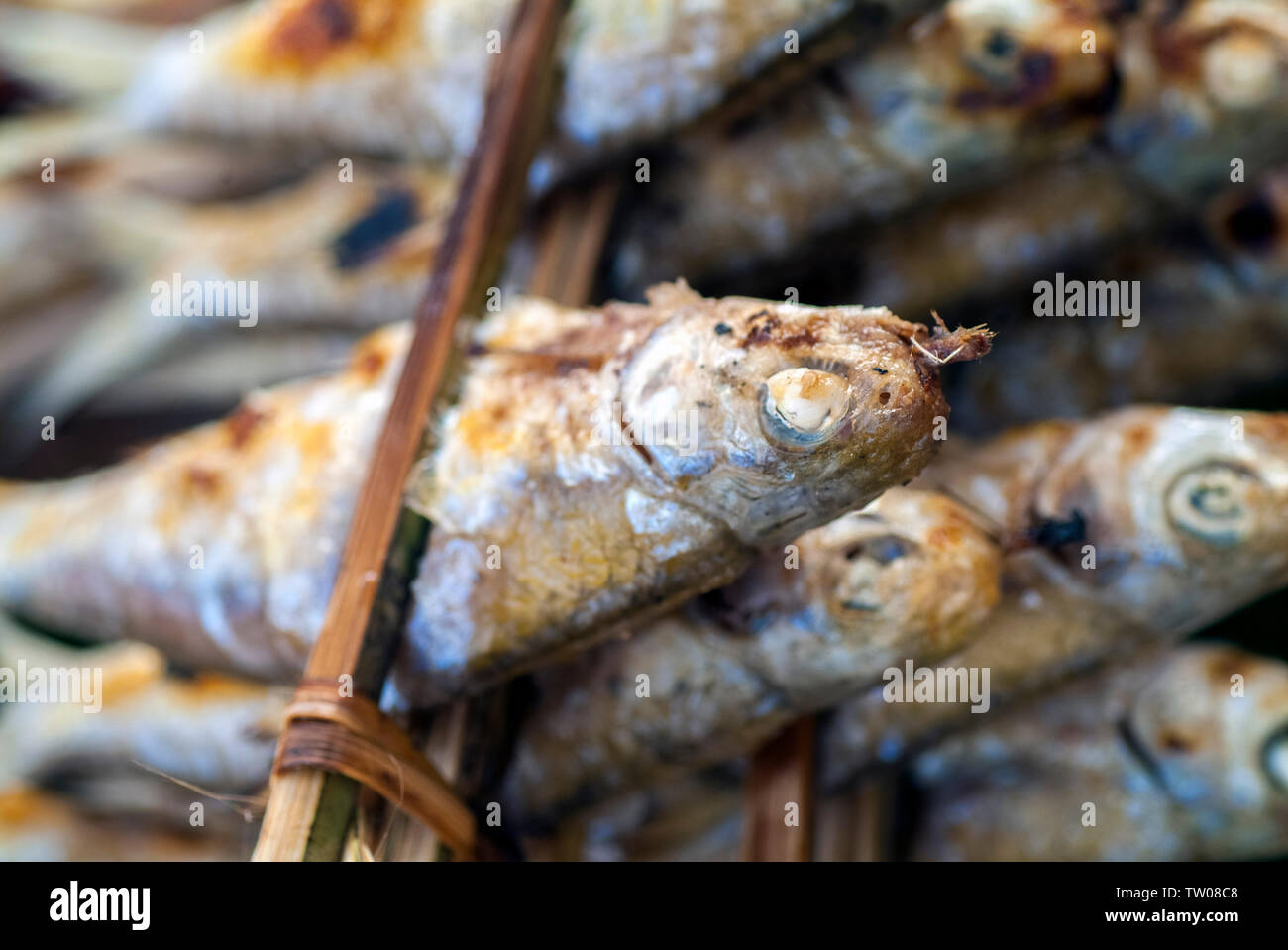 Barbecued fish for sale in Luang Prabang, Lao PDR. Stock Photo