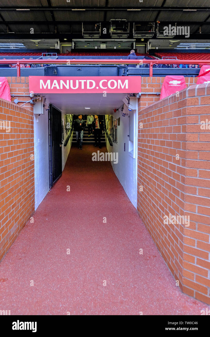 Old Trafford, Manchester, UK - January 20, 2019:  Portrait view of the original tunnel found near the dugouts at the Manchester United football stadiu Stock Photo
