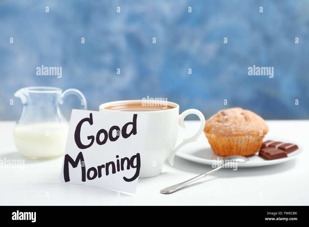 Note with phrase GOOD MORNING and breakfast on table Stock Photo ...