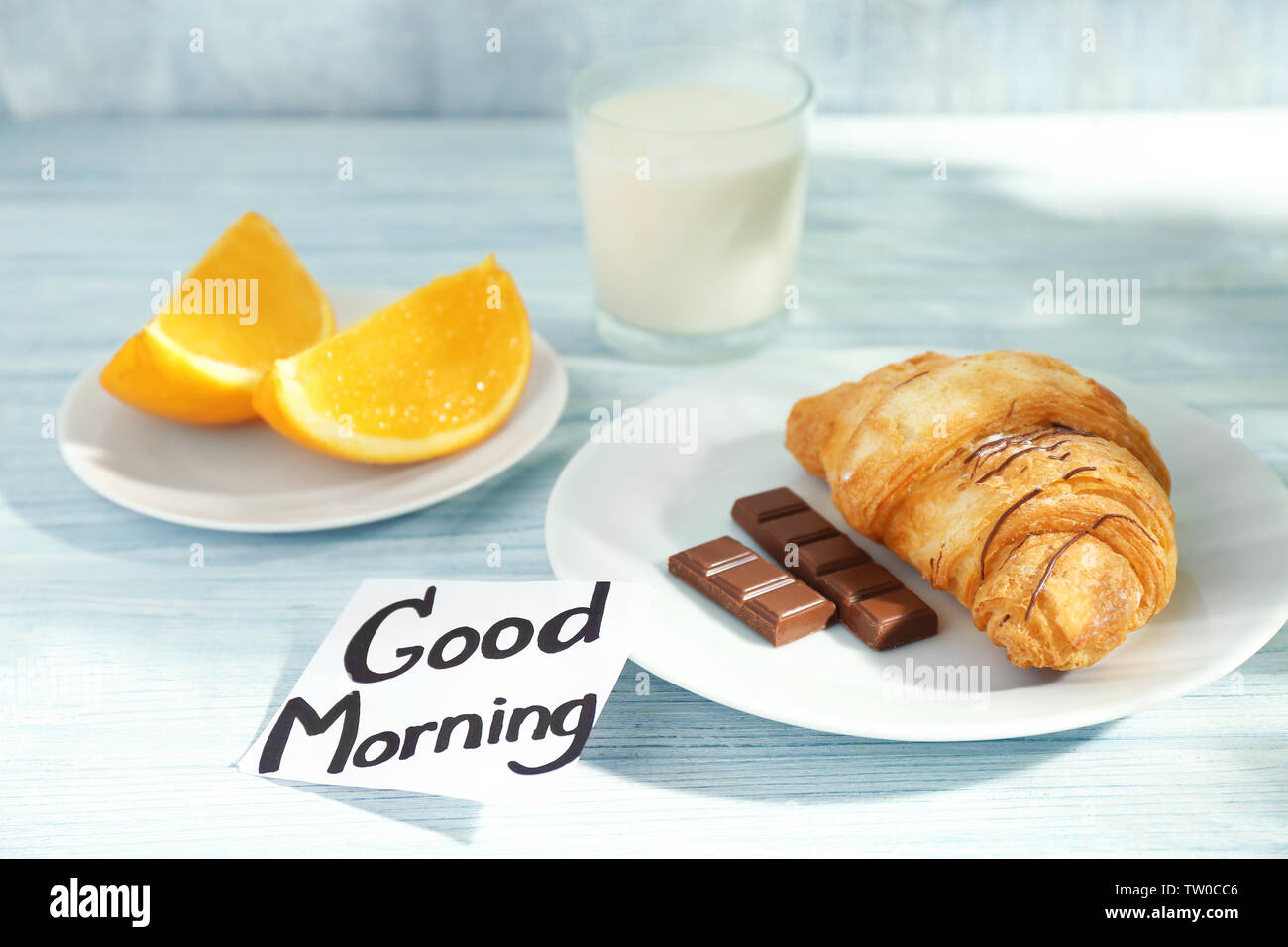 Note with phrase GOOD MORNING and tasty breakfast on table Stock Photo ...