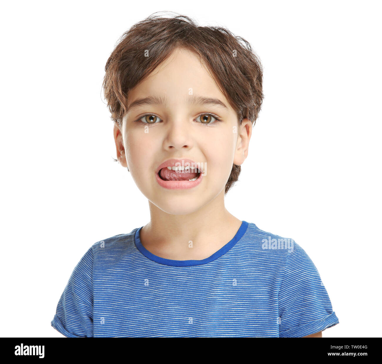 Little boy training pronounce letters on white background Stock Photo