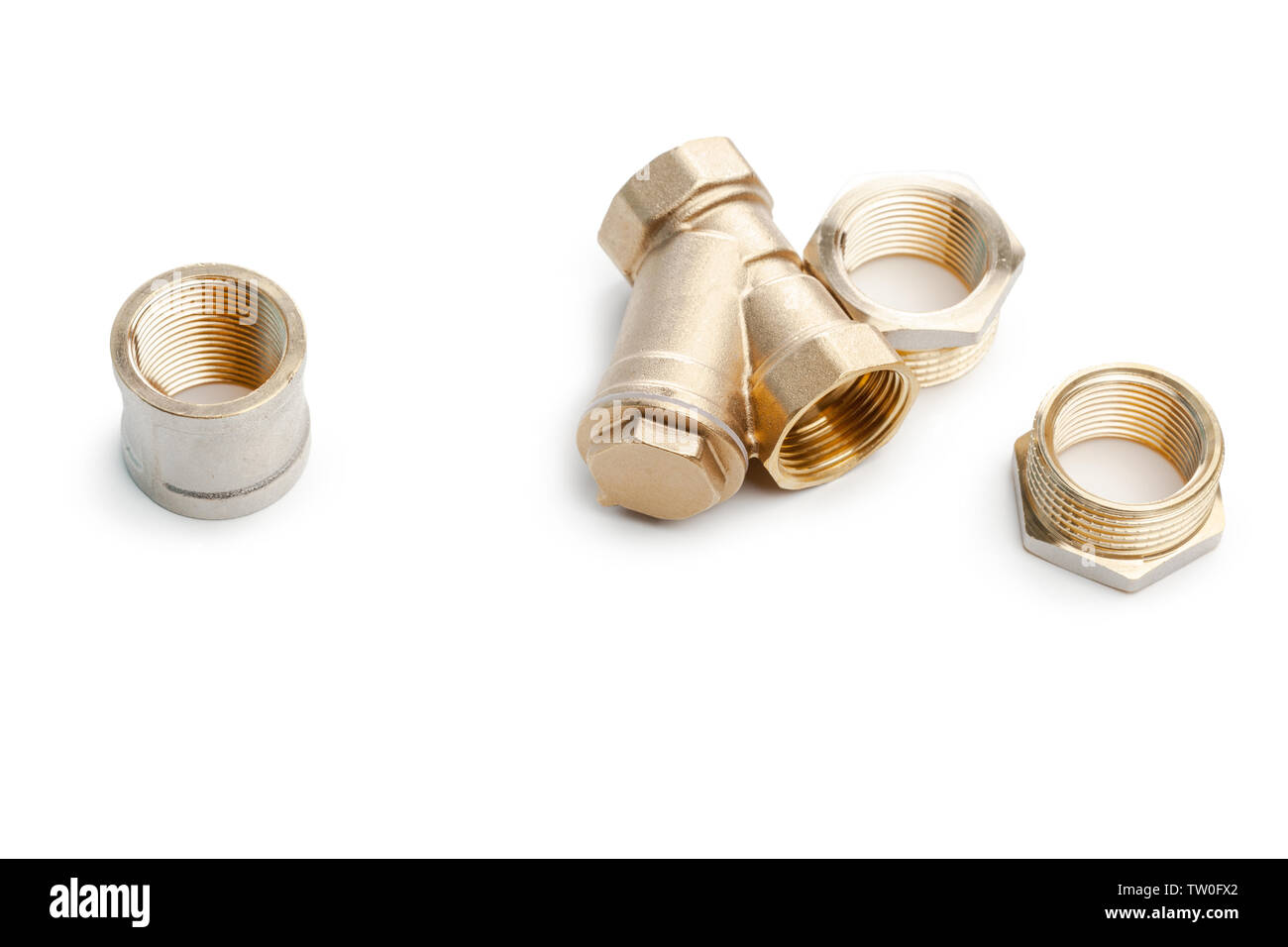 Set of metal-plastic plumbing couplings, adapters, plugs isolated on ...
