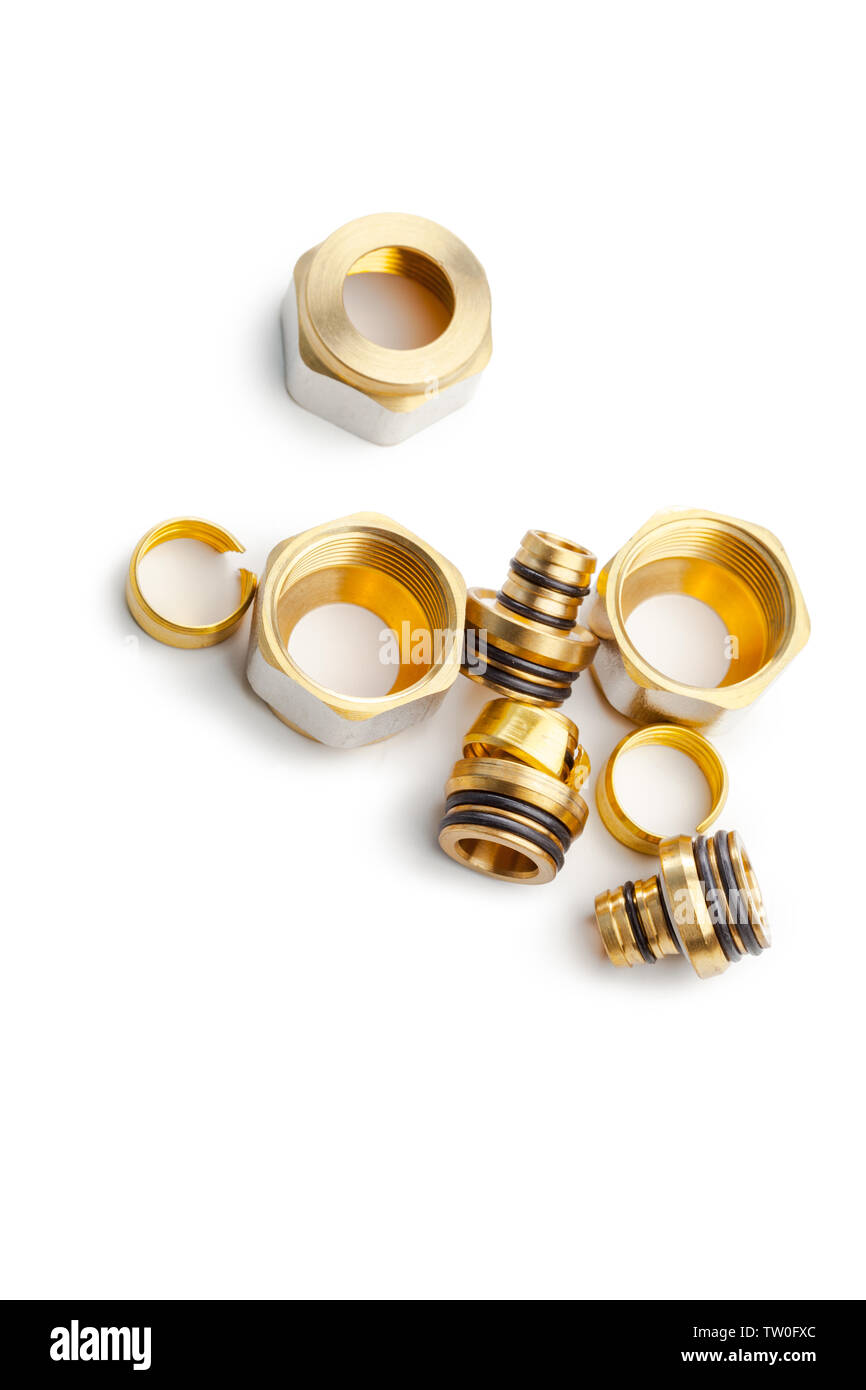Set of metal-plastic plumbing couplings, adapters, plugs isolated on ...