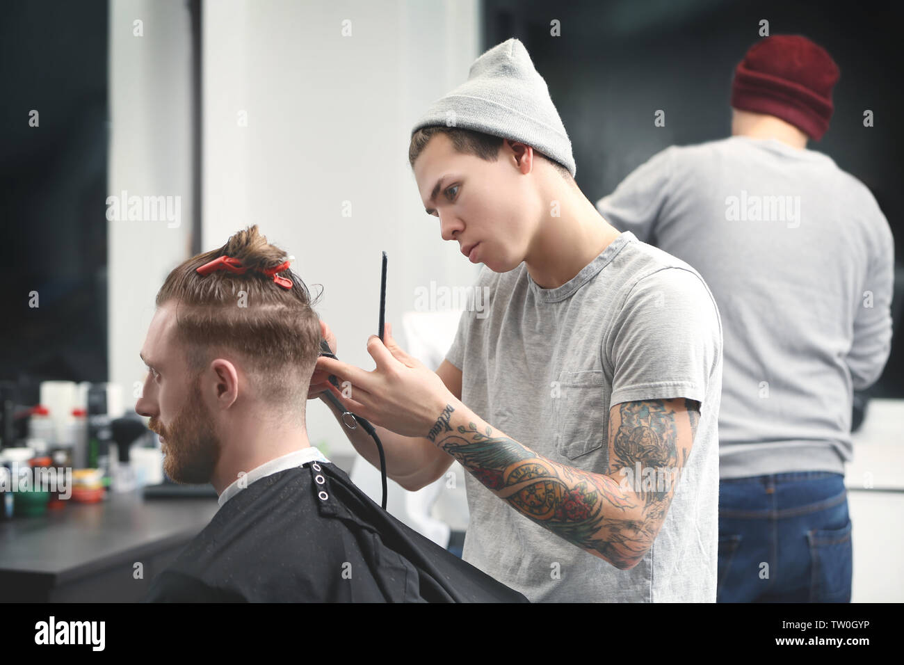 Barber Making Modern Male Hairstyle Stock Photo 256324874