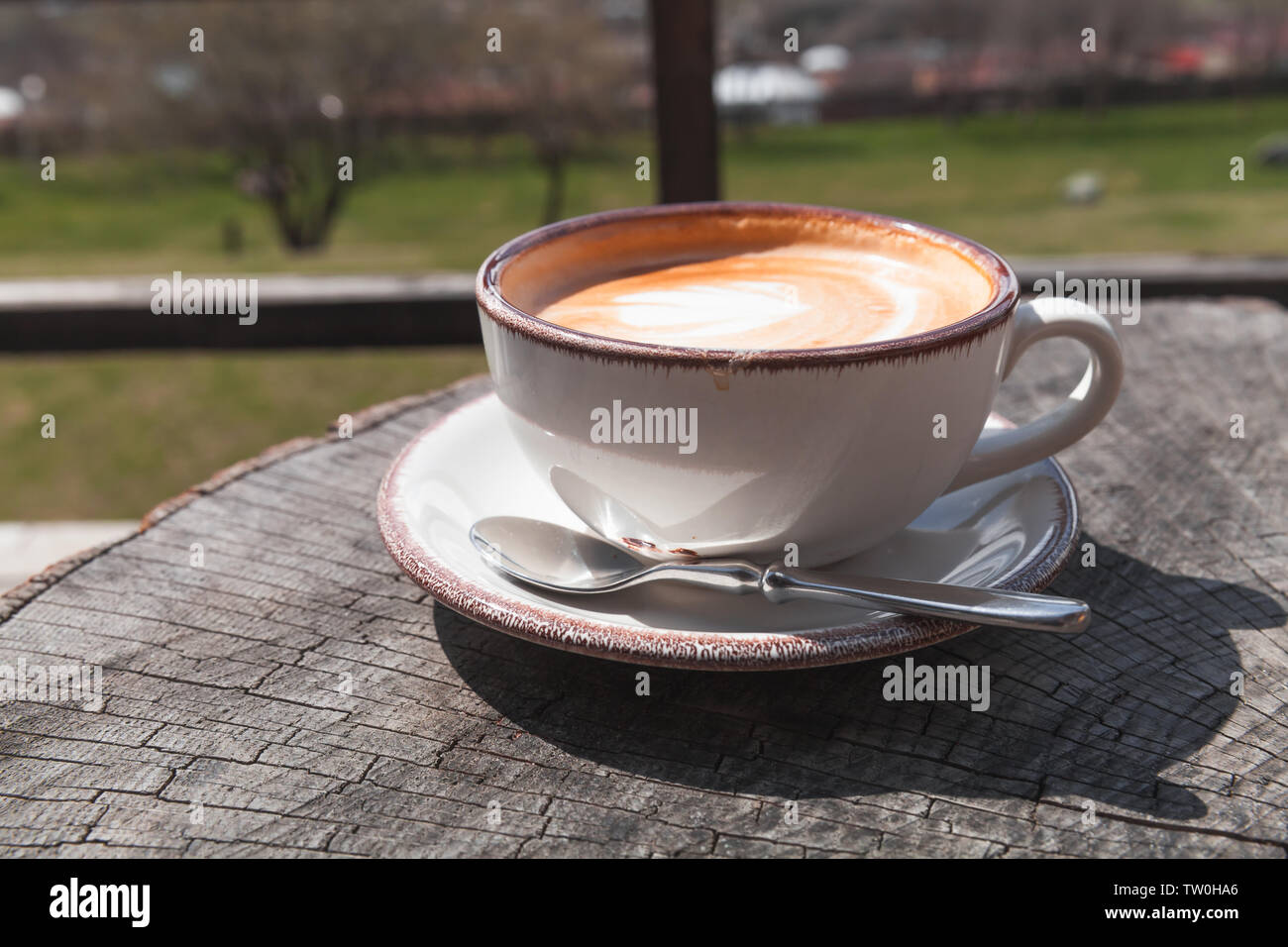Cappuccino. Cup of coffee with milk foam stands on wooden table Stock Photo