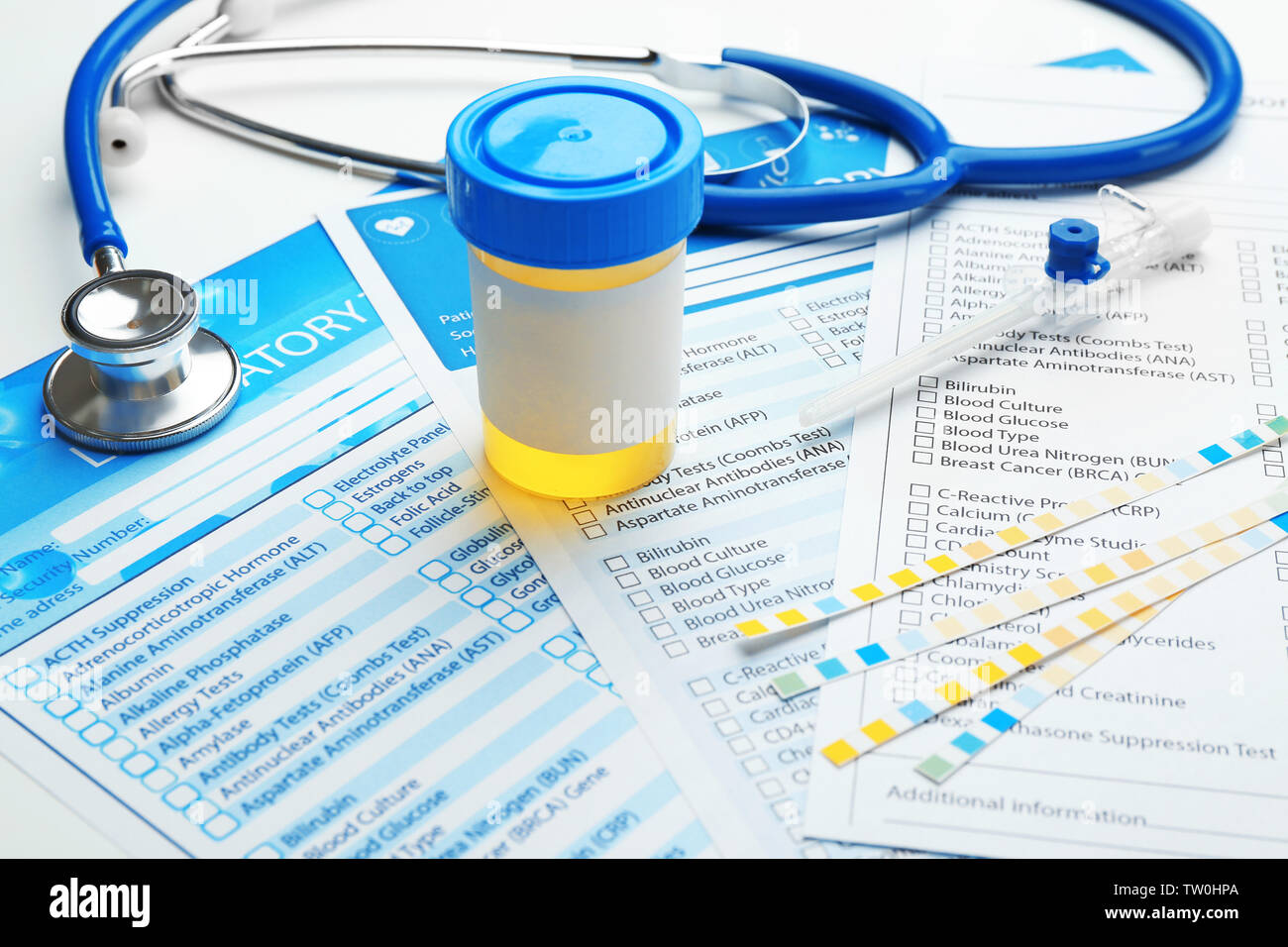 Items for laboratory analysis on test forms Stock Photo - Alamy
