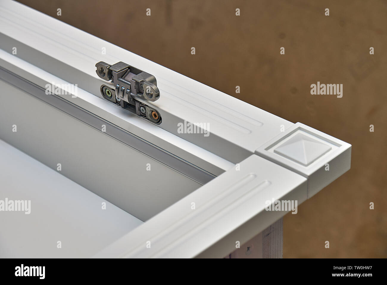 White with hidden hinges and shelf holders. Closeup. Wooden