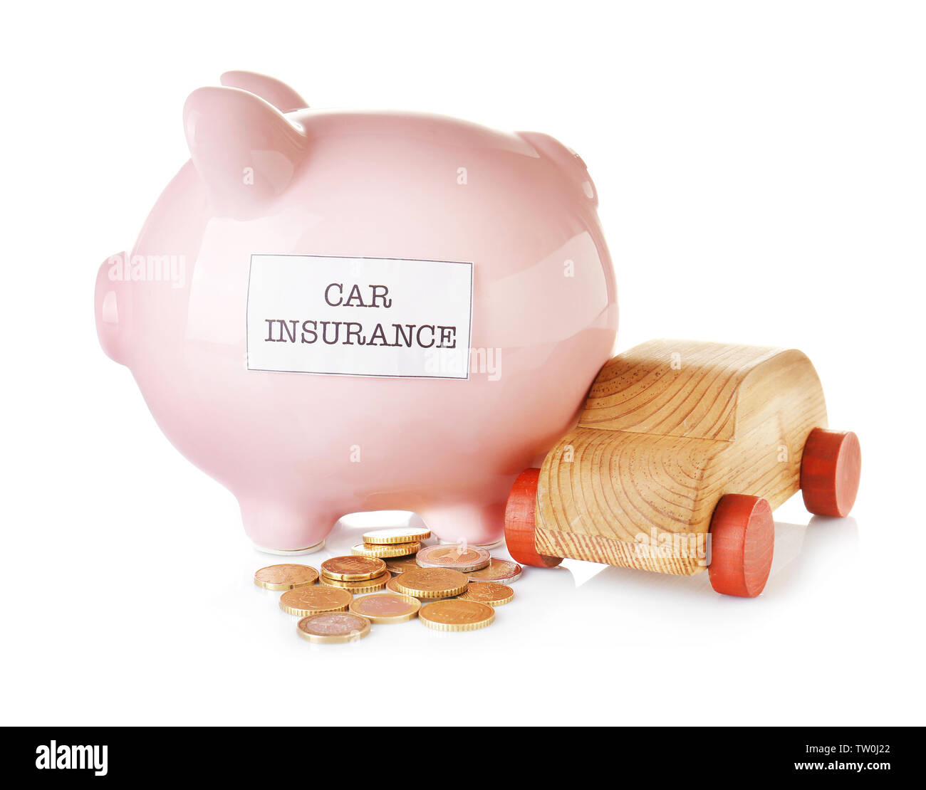 Piggy bank with wooden toy car on white background Stock Photo