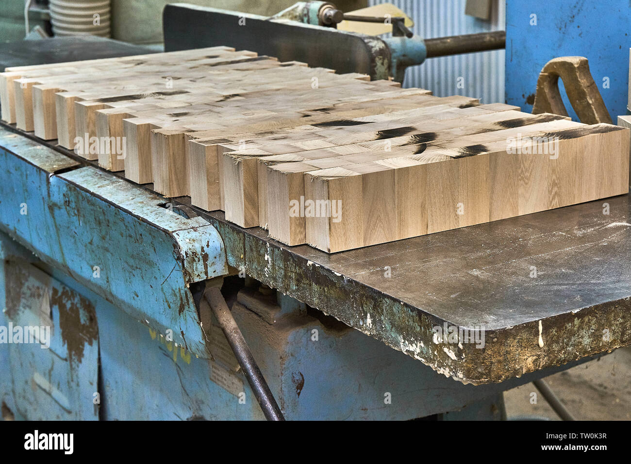 Elm cutting board building process. End cutting board. Closeup. Wooden furniture manufacturing