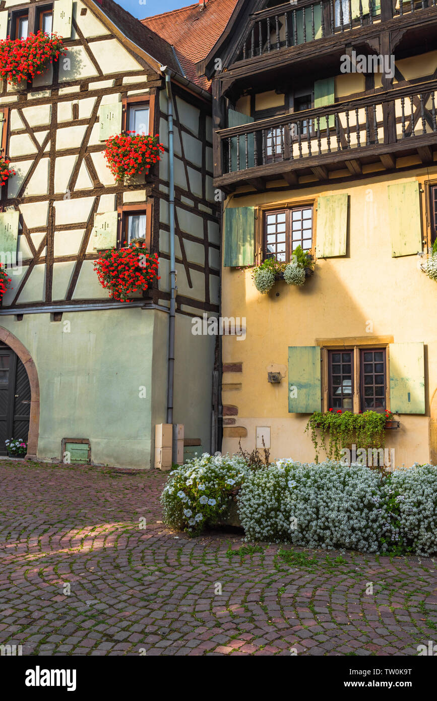 houses in the old village Eguisheim, France, timber frame architecture of the Alsace Stock Photo