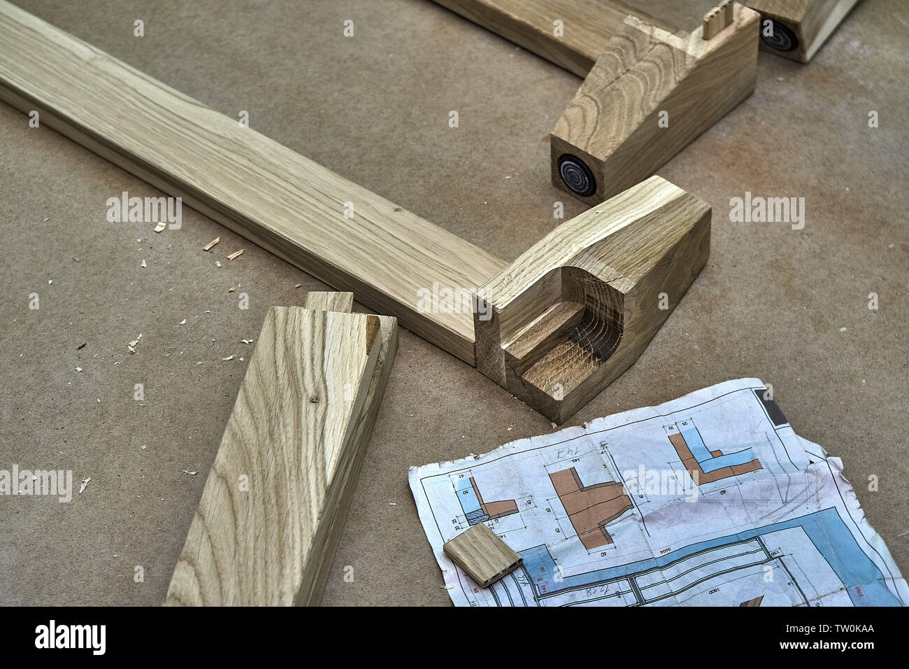Furniture legs from solid oak. Closeup. Wooden furniture manufacturing