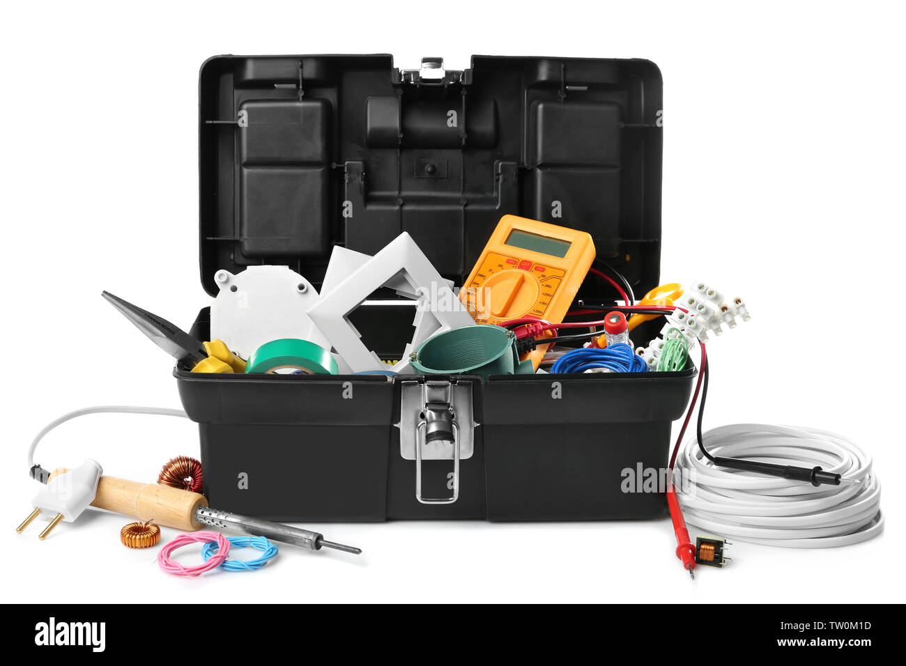 Box with tools on white background Stock Photo - Alamy