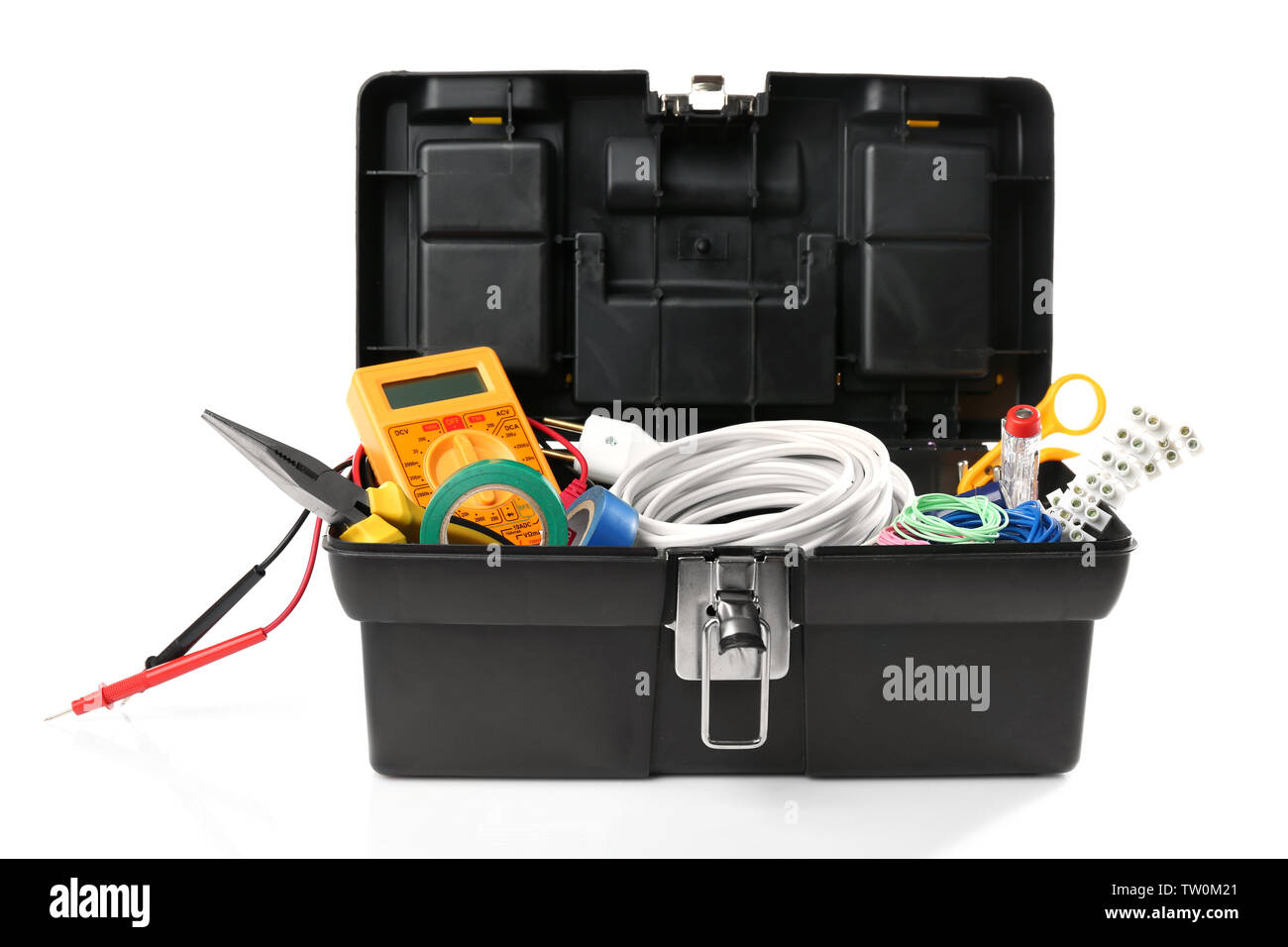 Box with tools on white background Stock Photo