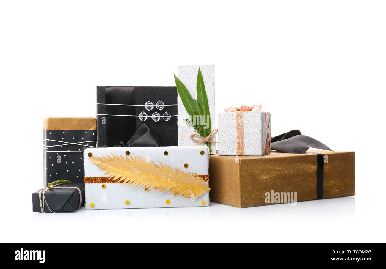 Christmas gift boxes on white background Stock Photo - Alamy