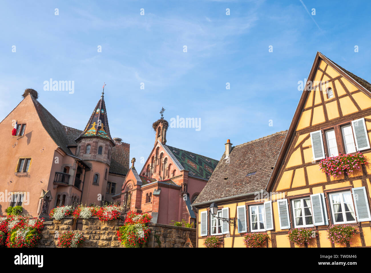 old village Eguisheim, castle and half-timbered houses, old town and tourist destination of Alsace, France Stock Photo