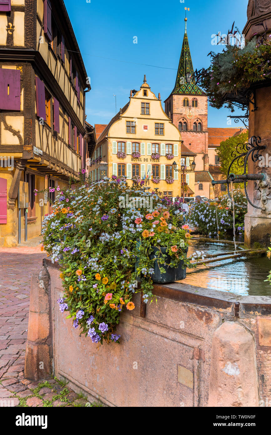typic old small village Turckheim, Alsace, France, tourist destination with framework and old houses Stock Photo